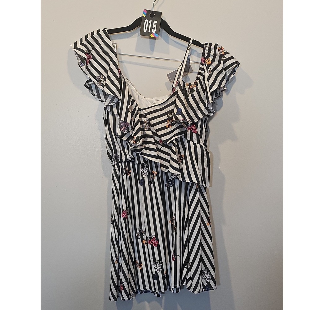 Lovers + Friends Womens Striped Floral Ruffle Mini Dress Black White Small